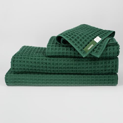 Luxury Organic Japanese Cotton Waffle Bath Towel | Thick, Absorbent, Quick Dry Bathroom Towels for Shower, Sauna, Onsen| Hotel & Spa Quality, Gift-Ready (Forest Green, Complete Set (4-Piece)) by KOSMU