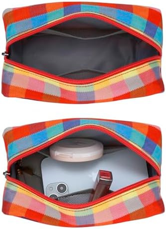 E-Tree Cute Makeup Bag,Travel Make up Pouch for Purse,Zipper Toiletry Cosmetic Brush Skin Care Case for Women Man,Tech Electronic Organizer,Small Canvas Storage for Personal Items,Colorful Checkered - Image 5