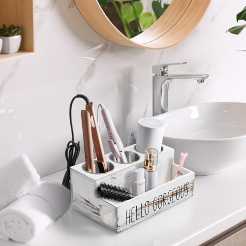 Bivvclaz Hair Tool Organizer, Rustic White Wood Hair Dryer Holder Countertop, Wall Mount Hot Tools Organizer for Hair Styling Accessories, Bathroom Supplies Vanity Caddy for Curling Wand, Blow Dryer - Image 6