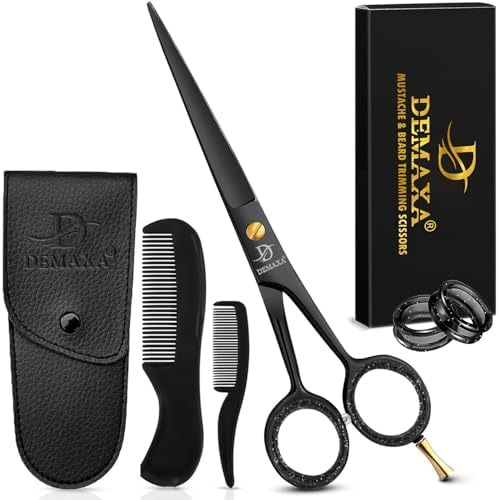 DEMAXA 5" Professional Beard Scissors for men Mustache Scissors with 1 Mustache Comb, 1 Beard Comb & Soft Pouch – Prefect Beard shears mustache kit for All Facial Hair – moustache Grooming kit for Men by DEMAXA
