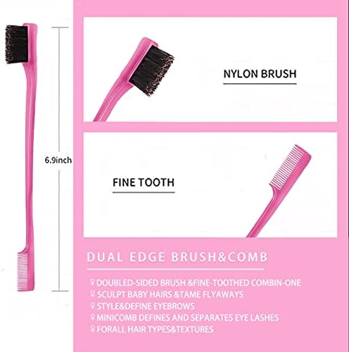Goiple Hair Styling Brush Set, 12 Pieces Nylon Teasing Hair Brush Rat Tail Comb with Duckbill Clips, Double Sided Edge Brush for Edge & Back Brushing, Combing, Slicking Hair for Women Girls (Pink) - Image 4