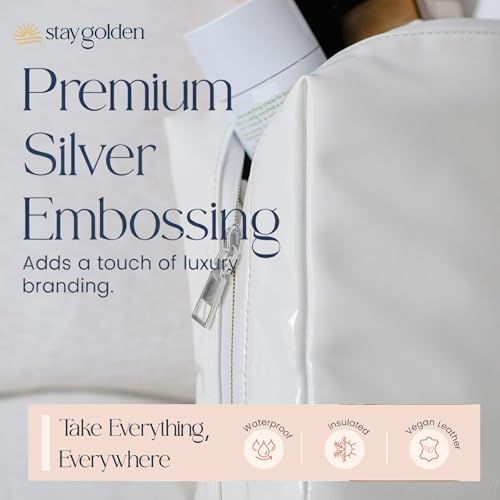 Stay Golden Luxury Insulated Makeup Bag for Women – Heat-Resistant Vegan Leather Cosmetic Case for Hot Car, Pool, Travel & Skincare, Waterproof | White, Silver Zipper, Medium (9.5 x 7 x 3 in) - Image 6