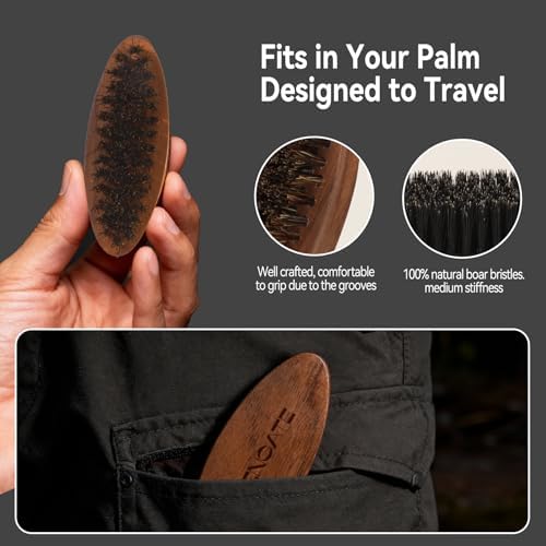 Small Travel Beard Brush for Men, Boar Bristles with Black Walnut Wood - Image 3
