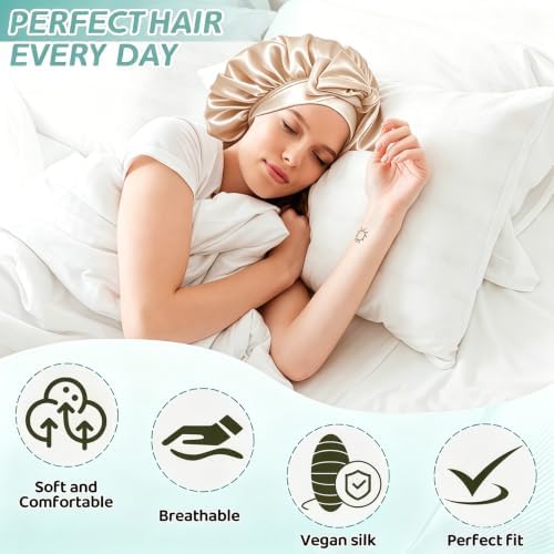 VECIIR Silk Bonnet for Sleeping Women，Hair Bonnet for Sleeping Silk Night Cap for Curly/Natural Hair Skin ‌Beige, Large - Image 2