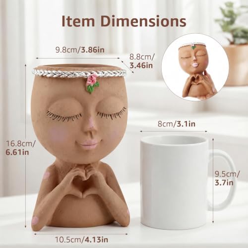 Face Planter Pot with Heart Hands Indoor Plants Resin Head Planter, Brown - Image 2