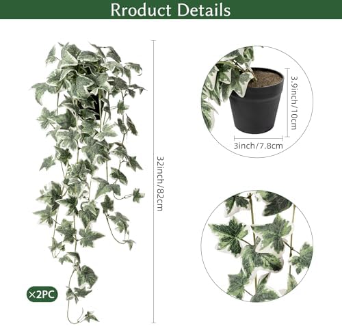 Fake Ivy Hanging Plant - Artificial Plants Indoor with Pots Set of 2, Fake Potted Plants for Outdoor, Silk Faux Greenery Pothos for Wall Tabletop Desk Decor, White Green 33In - Image 2