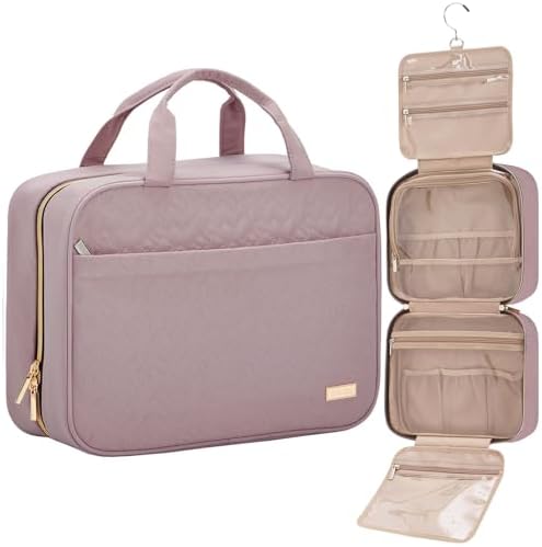 NISHEL Travel Toiletry Bag for women, Portable Hanging Organizer for Family-Sized Shampoo, Conditioner, Brushes Set, Makeup Accessories, Extra Large Size, Peach Pink by NISHEL