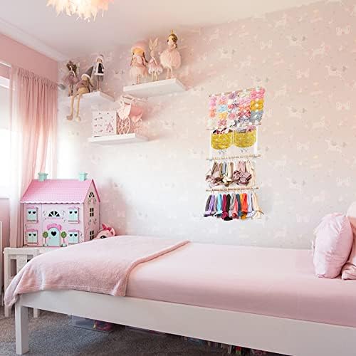 kangaroo Hairband Organizer for Baby Girls, Large Capacity Bow Holder Hair Accessories Wall Hanging Organizer with 20 S-hooks and 2 Pockets, Yellow - Image 5