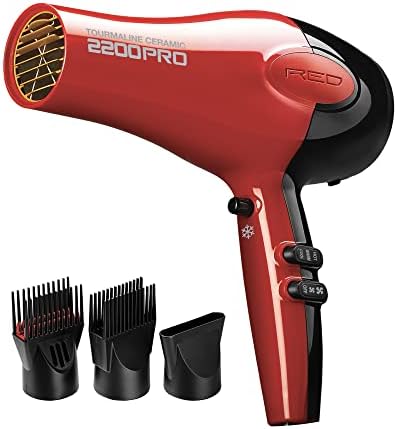 RED by Kiss Tourmaline Ceramic 2200W PRO - Professional Hair Dryer with Extra Combs, Frizz-Free Hair, Six Heat Settings Blow Dryer by REDbyKISS