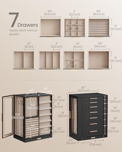 SONGMICS Jewelry Box Organizer, 360° Rotating, 7 Drawers, Ink Black - Image 4