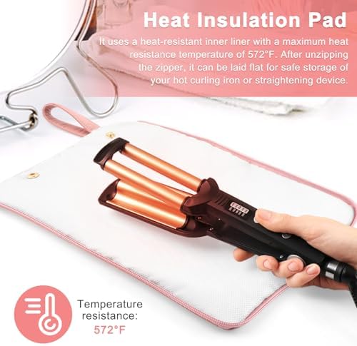 2-in-1 Heat-Resistant Hot Tool Travel Bag & Mat, Hanging Storage Pouch for Curling Iron, Flat Iron, Hair Straightener and Styling Tools (Pink) - Image 4
