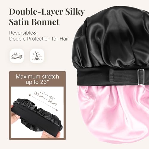 2PCS Silk Hair Bonnet for Sleeping Women - Satin Bonnet for Sleeping Double Layer Adjustable Sleep Cap for Curly Hair - Image 3
