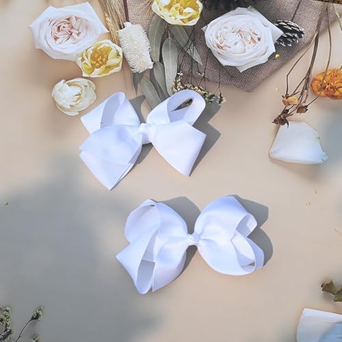 2 PCS 6inchs Hair Bows for Girls Grosgrain Ribbon Hair Bow Alligator Clips Hair Accessories for Baby Girls Toddlers(White) - Image 4
