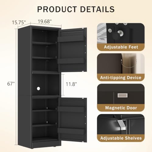 67" Freestanding Metal Pantry Cabinet, Tall Kitchen Food Storage Cupboard - Image 3