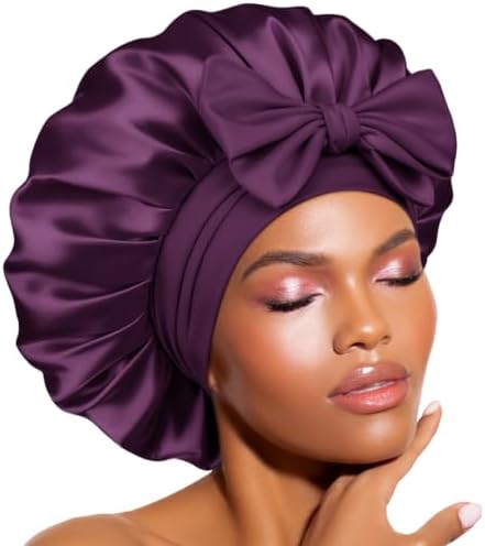BONNET QUEEN Silk Bonnet for Sleeping Women Satin Bonnet Night Sleep Cap Wrap for Curly Hair with Adjustable Tie Band, Single Layer, Prune by BonnetQueen
