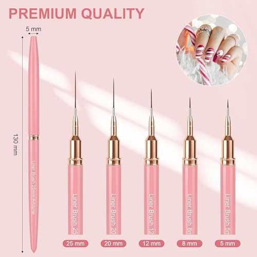 Artdone Metallic Nail Art Pens, Liner Brushes Set, 5PCS Pink Nail Tools - Image 2