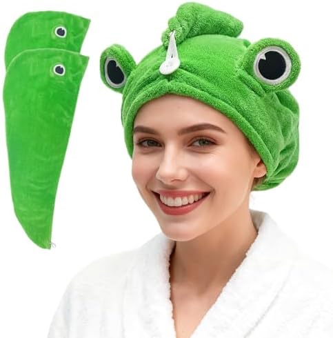 2-Pack Frog Hair Turbans, Super Absorbent Microfiber Hair Towels for Long Hair, Quick Dry, Cute Animal Design, Gift for Women Girlfriend Bestie by Unknown