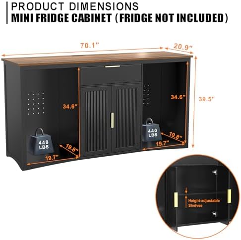 GDLF 70.1" Coffee Bar Cabinet with Fridge Space, Fluted Sideboard,Black - Image 2