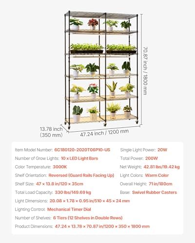 VEVOR Plant Shelf with Grow Light, 6-Tier Double-Row Plant Stand, 71in Tall Indoor Plants Display Rack with Wheels & Timer, 200W Full Spectrum Grow Lights, Metal Flower Pot Holder for Seed Starting - Image 7