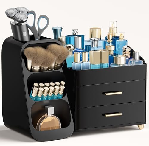HBlife Cologne Organizer for Men Makeup Organizer with Brush Holder for Vanity, Large Plastic Bathroom Countertop Organizer Skin Care Storage, Fathers Day Gift for Dad Husband, All Black by HBlife