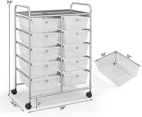 Giantex 10 Drawers Rolling Cart, Classroom Organizers, Storage Cart with Wheels, for Teacher Office Home School Supplies Tool Craft Art Paper, Clear White - Image 3