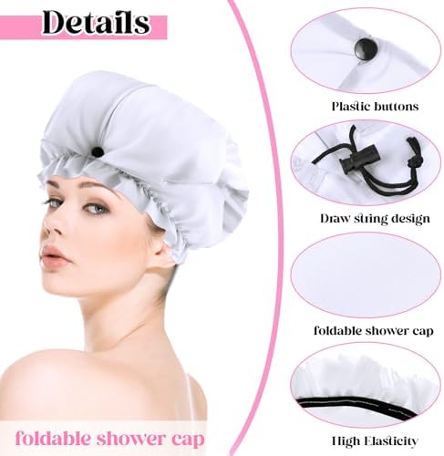2 Pcs Large Shower Cap for Braids, Extra Long Shower Cap for Women Long Hair & Locs, Waterproof Hair Bonnets for Dreadlocks Drawstring Bath Caps for Women & Men (White, Polka Dots) - Image 3