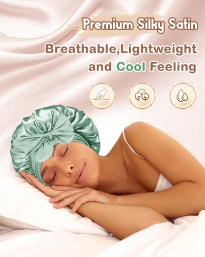 BONNET QUEEN Small Double Layer Silk Bonnet for Sleeping for Women Satin Bonnet Night Cap for Short Thin Hair with Tie Band,Sage Green - Image 2