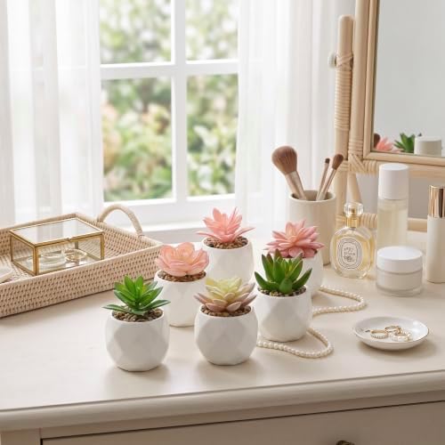 MyGift Pink & Green Artificial Succulent Plants, Ceramic Pots, Set of 6 - Image 4