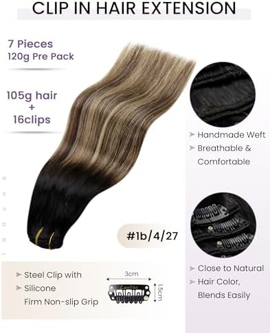LaaVoo Clip in Hair Extensions Ombre Quick Installation Straight Remy Hair - Image 2