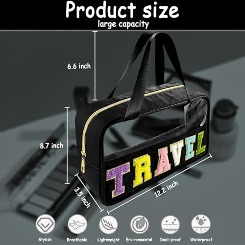 Bunliuys Chenille Letter Clear Makeup Bag Travel Patch, Travel Toiletry Makeup Bag with Handle, Nylon Waterproof Makeup Bags clear cosmetic bag, preppy patch makeup bag for Women (TRAVEL-Black) - Image 2