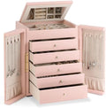 Dajasan Large Jewelry Organizer Box, 6-Tier Jewelry Storage Case with 5 Drawers, Jewelry Boxes for Women Girls with Mirror, Double Door, Textured PU Leather, Gift Idea, Stylish (Pink + Gold) by DAJASAN