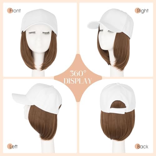 Rich Choices Hat Wigs for Women,White Baseball Cap with Hair Extensions for Women,Short Bob Hairstyle Caps with Straight Synthetic Hair Attached Adjustable Baseball Cap Wig 6 Inch-Light Brown Hair - Image 5