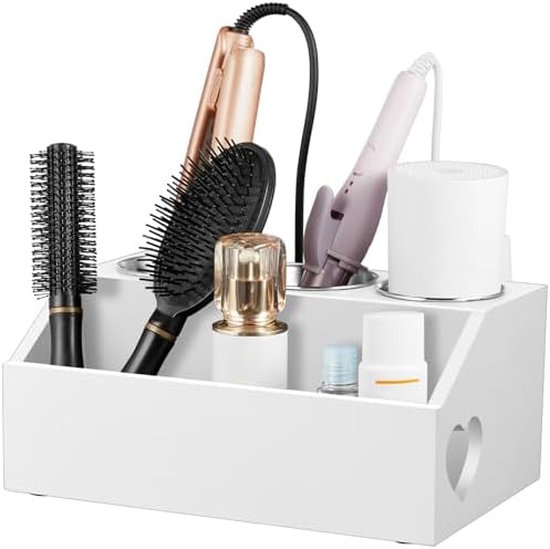 Bivvclaz Hair Tool Organizer, Wooden Hair Dryer Holder Wall Mount, Countertop Hot Tools Organizer for Hair Styling Accessories, Bathroom Supplies Vanity Caddy for Curling Wand, Blow Dryer, White by Bivvclaz