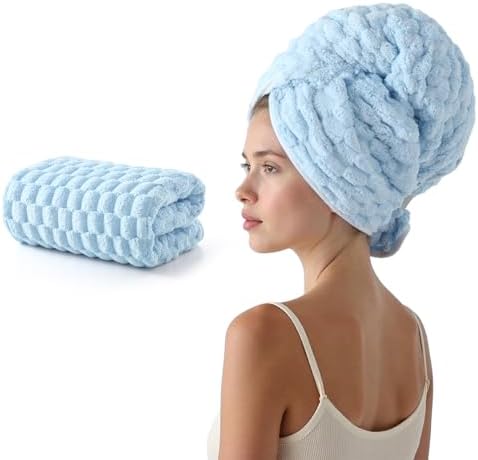 REDKISS Blue Microfiber Hair Towels - Extra Large Hair Towel Wrap for Women, 24x42 inch Hair Towels with Elastic Strap, Super Soft Hair Drying Towels for Long, Thick, Curly Anti Frizz Turbans by REDKISSOnline