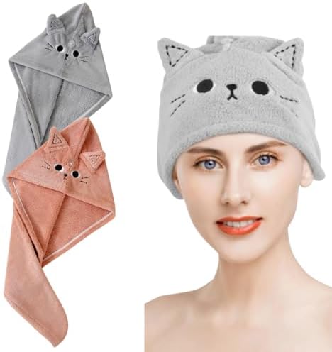 2 Pack Cat Microfiber Hair Towel Wrap for Women & Kids, Super Absorbent Hair Turban with Button, Soft Hair Drying Cap for Curly/Thick/Long Hair, Head Towel Wrap for Hair Care by Unknown
