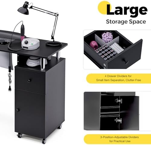 Manicure Table Nail Desk with Dust Collector & Wheels (Black) - Image 5
