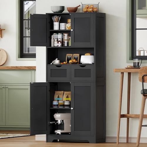 Iwell 57.8" H Tall Storage Cabinet with 2 Drawers & 2 Adjustable Shelves, Kitchen Cabinet with 4 Doors, Tall Cabinet for Living Room, Dining Room, Entryway, Black - Image 5