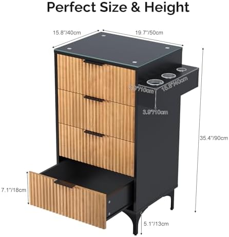 OmySalon Salon Station, Barber Station for Hair Stylist, Storage Cabinet with Glass Top & Drawers & Heat Resistant Dryer Holders, Modern Retro Style for Beauty Salon, Wood Black - Image 3