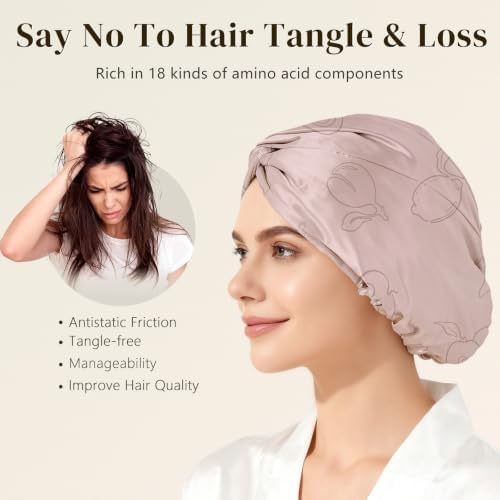 ZIMASILK 22 Momme 100% Pure Silk Bonnet for Sleeping, Pink-Fruit Line Art - Image 4