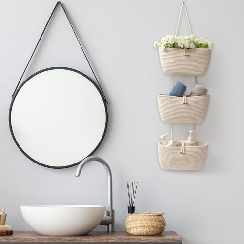 TeoKJ Over the Door Hanging Baskets with Button Strap, 3-Tier Woven Cotton Storage Organizer Bag, Wall-Mounted with Hook Decorative Hanging Kitchen Baskets - White - Image 5