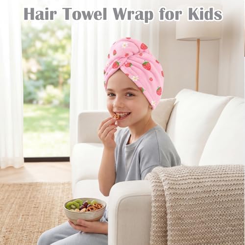 Microfiber Hair Towel Wrap for Kids 2 Pack Quick Drying Hair Towels with Button Hair Turbans for Wet Hair Absorbent Quick Dry Wraps Head Towel Wrap for Women and Girls, Pink Blue Strawberry - Image 3
