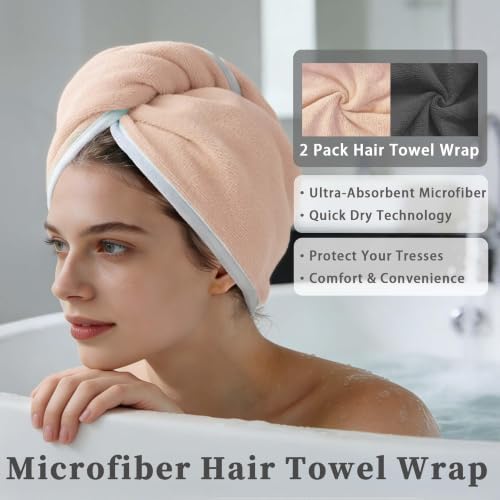 VOOVA & MOVAS Hair Towel Wrap for Women 2 Pack,Gray Pink,Anti-Frizz Soft - Image 3