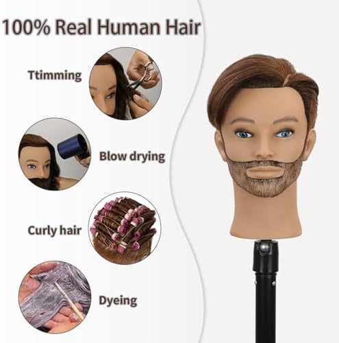 Sirydtm12" Barber Mannequin Head Male 100% Real Hair Blue eyes Mannequin Head with Human Hair Styling Practice Doll Head for Practicing Haircut & Hairdresser Manikin Doll Head With Free Clamp Stand(4) - Image 5