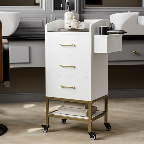 4-Tier Salon Station for Hair Stylist,White Beauty Barber Storage Station w/Glass Top, 3 Drawers, Hair Dryer Holders, Lockable Wheels for Barber Station, Salon Storage Equipment - Image 3