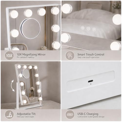 Vanity Mirror with Lights, Dimmable Desk Mirror, 12 Bulbs, 16.4'' x 13.1'' - Image 3