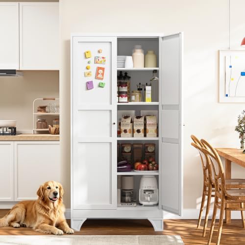 White Metal Pantry Storage Cabinet Tall Storage Cabinet Kitchen Pantry 75" by Yizosh