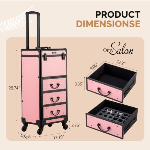 OmySalon Rolling Makeup Train Case with 3 Drawers, Cosmetology Case on Wheels w/Pull Handle and Removable Wheels, Large Cosmetic Organizer Storage Box for Nail Tech, Makeup Artist, Hairstylist(Pink) - Image 2