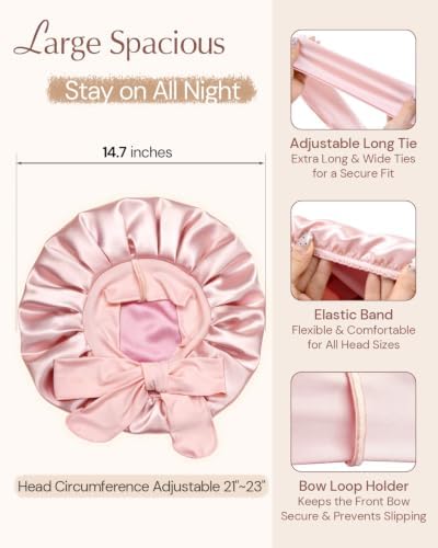 BONNET QUEEN Silk Bonnet for Sleeping Women HYALURONIC Acid Reversible Double Layer Satin Bonnet Night Sleep Cap Wrap for Curly Hair with Adjustable Tie Band & Scrunchie, Cream Pink & Rose Gold - Image 5
