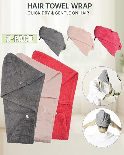 Textila 100% Cotton Hair Wrap Towels for Women, (Pack of 3 - Raspberry, Pink & Grey) Head Towel Cap, Cotton Hair Turban Towel Wrap for Long Curly Anti Frizz Hair, Soft and Absorbent Cotton Hair Towels - Image 3