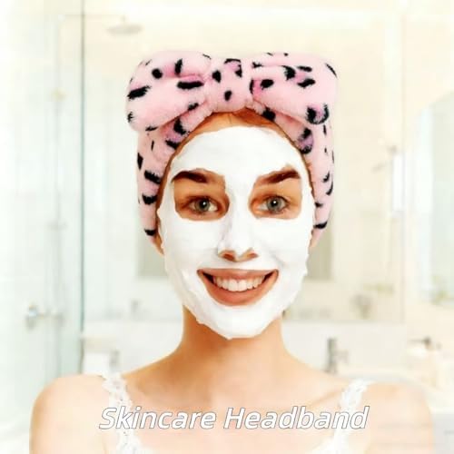 7 Pcs Spa Set, Facial Headband and Wristband Set, Skincare Accessories, College Style Girl Idea Gifts, Hair Accessories for Women and Girls（Leopard Print Pink） - Image 3